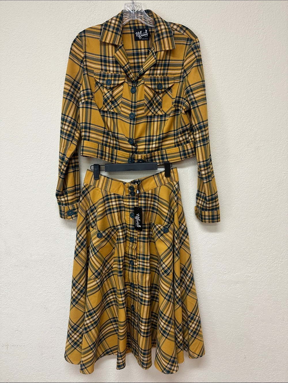 Hell Bunny NWT Yellow Plaid Two-Piece Skirt Set size S/M